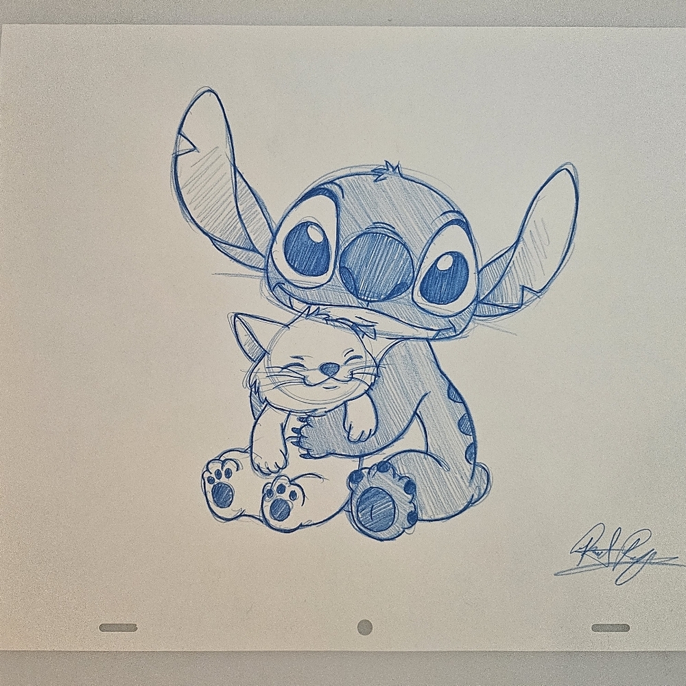 Disney Lilo And Stitch Hugging a Cat Drawing/Sketch Animation Art Signed - Picture 6 of 6
